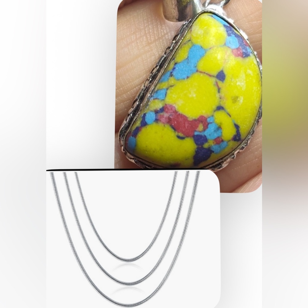 NWOT Yellow blue red Mosaic Jasper .925 Sterling sp pendant 18” .925 sp chain